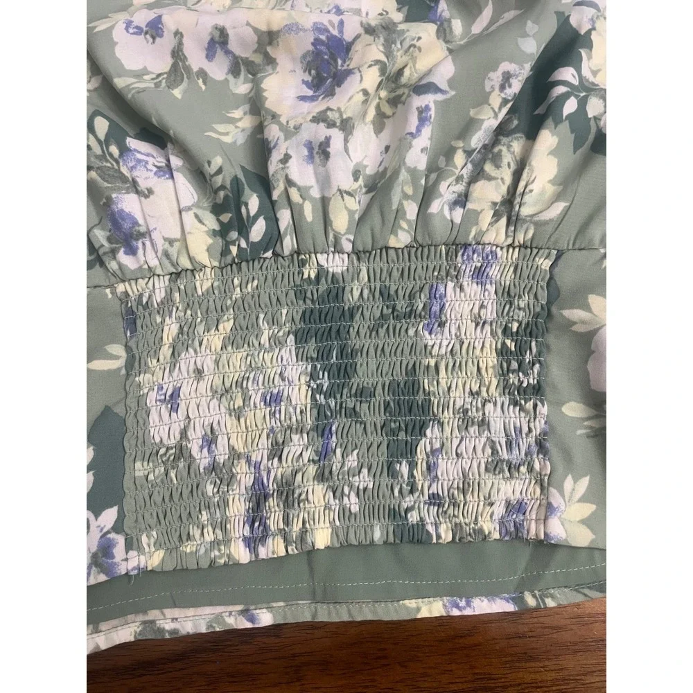Abercrombie & Fitch Floral Tie Front Puff Sleeve Top Sage Green Small